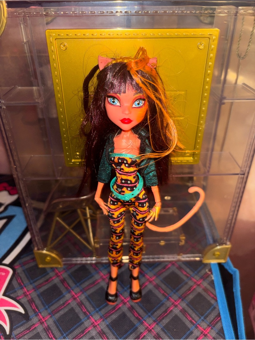 Cat-Themed Fashion Doll in Black, Orange and Teal Outfit